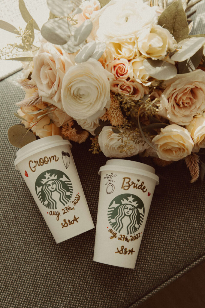 Bride and groom starbucks cups