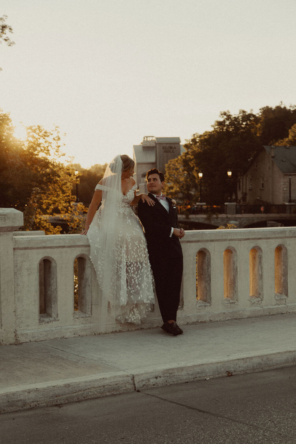 Bride and groom sunset portraits in Elora, Ontario