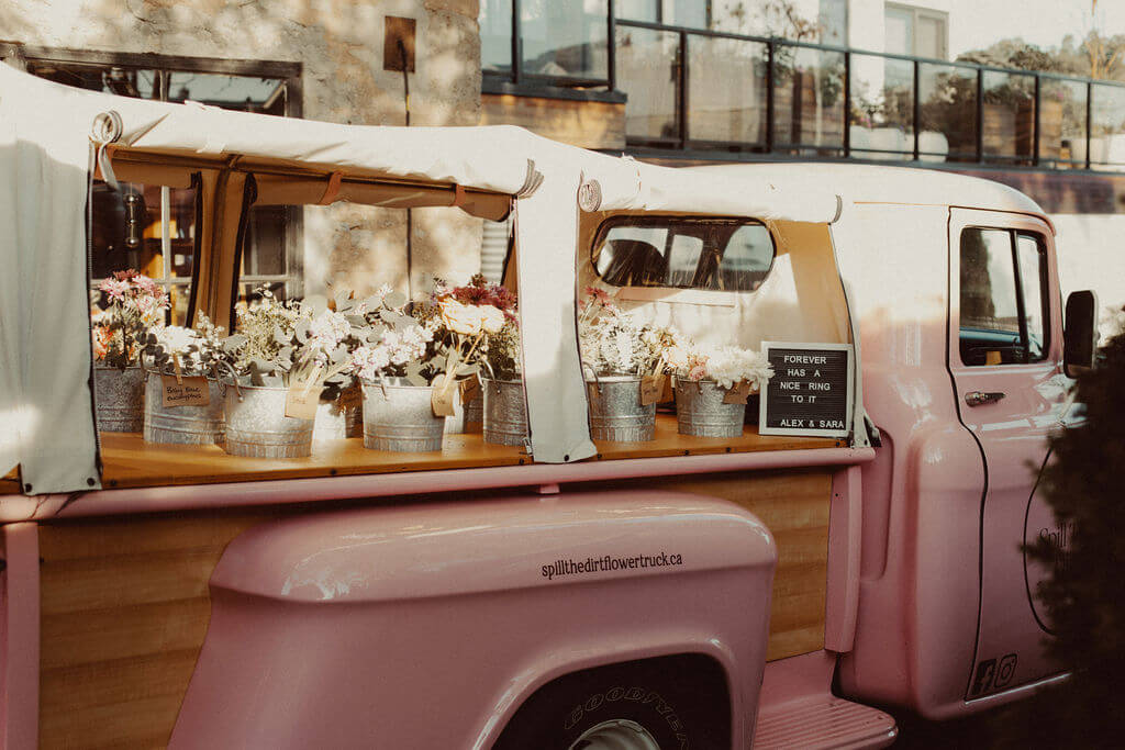 Pink flower truck pop-up for intimate wedding in Ontario