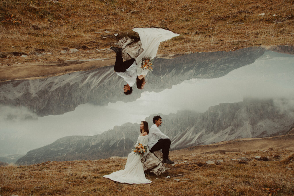 A double exposure of a couple sitting together after figuring out how to plan a destination wedding.